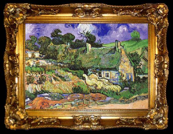 framed  Vincent Van Gogh Thatched Cottages at Cordeville, ta009-2